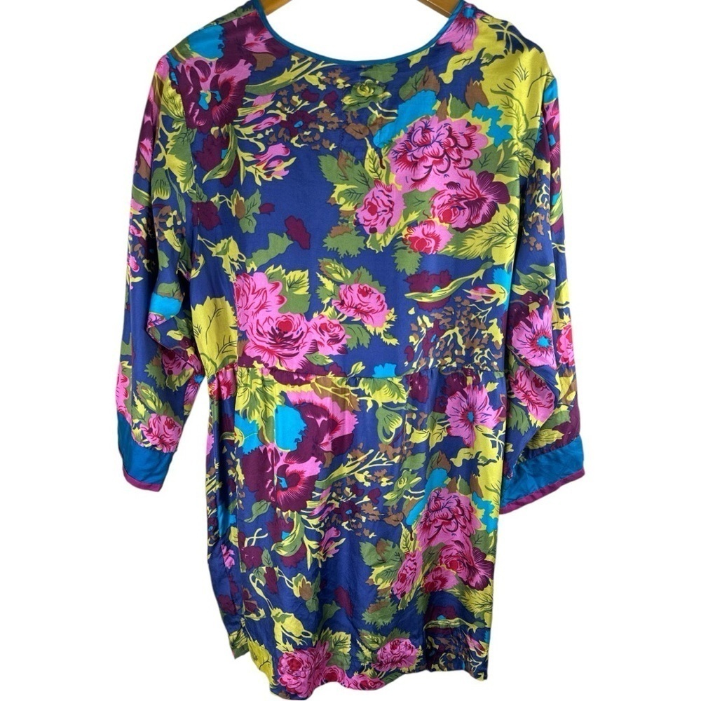 Johnny Was Embroidered Silk Tunic Dress Blue Pink Floral Size Large - Picture 10 of 13